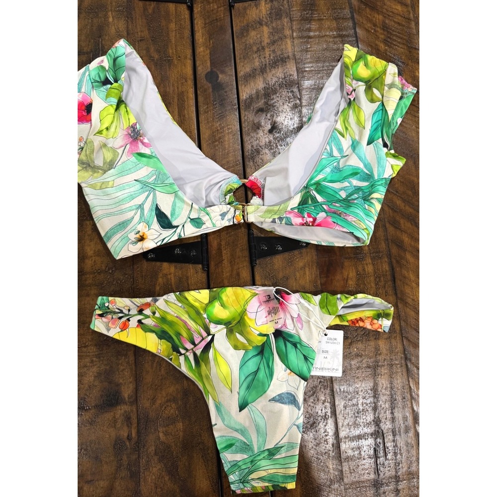 TiNiBiKiNi NWT Tropical Floral O-Ring Cap Sleeve Festival Bikini Thong Size M - Picture 3 of 8